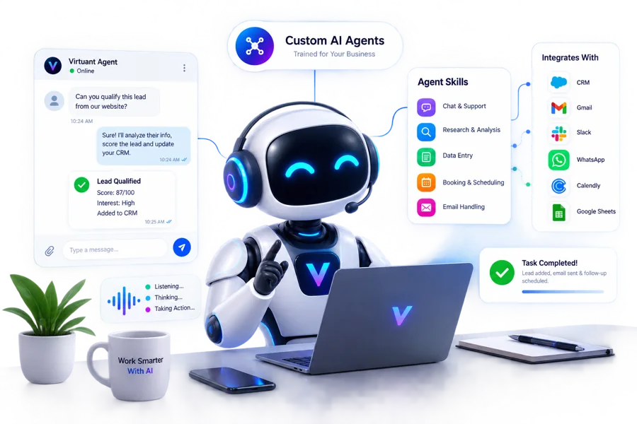 A Virtuant agent qualifying a lead in chat, listing its skills and the business tools it connects to.